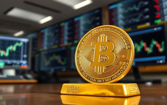 Bitcoin token positioned above gold bullion bar symbolizing safe haven asset competition in financial markets