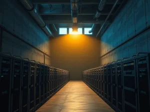 Bitcoin mining disruption in Iran showing inactive ASIC miners in darkened facility during potential grid outage