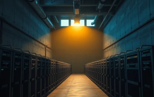 Bitcoin mining disruption in Iran showing inactive ASIC miners in darkened facility during potential grid outage