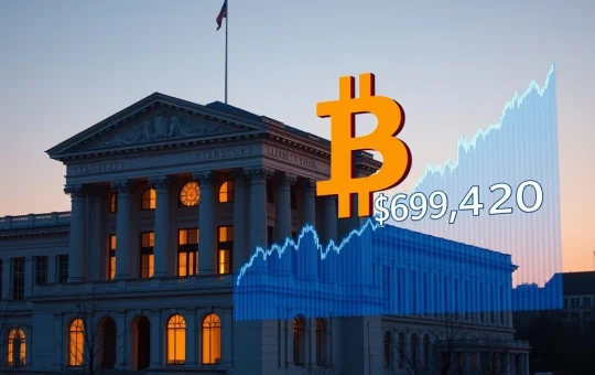U.S. Treasury building with Bitcoin price chart showing stalled liquidity impact on cryptocurrency markets