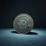 Frosted metal Bitcoin logo in dramatic light, symbolizing the bearish MACD signal and potential crypto winter.