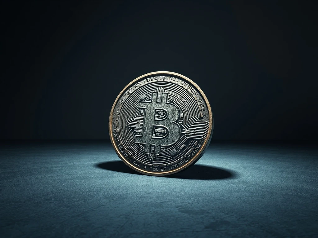 Frosted metal Bitcoin logo in dramatic light, symbolizing the bearish MACD signal and potential crypto winter.