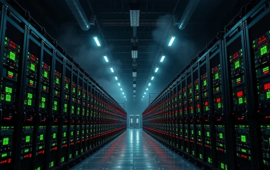 Industrial Bitcoin mining facility showing rows of cryptocurrency mining hardware during market volatility