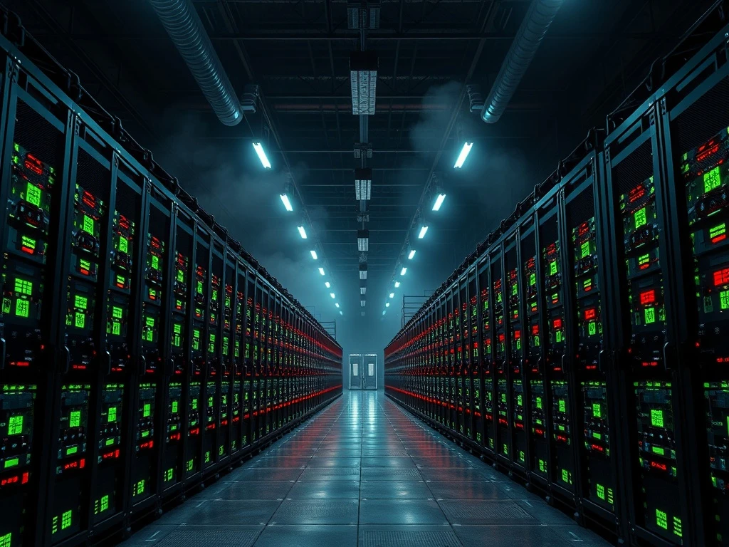 Industrial Bitcoin mining facility showing rows of cryptocurrency mining hardware during market volatility