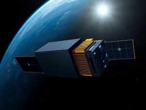 Concept illustration of a satellite for Bitcoin mining in Earth orbit, a project backed by Nvidia.