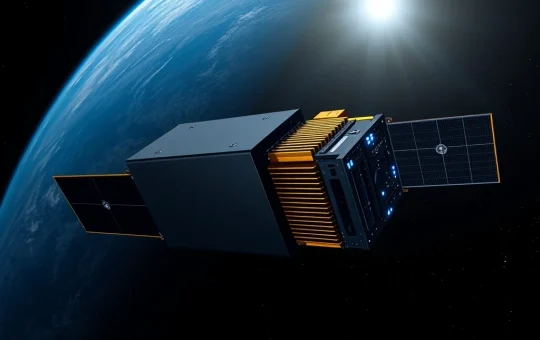 Concept illustration of a satellite for Bitcoin mining in Earth orbit, a project backed by Nvidia.