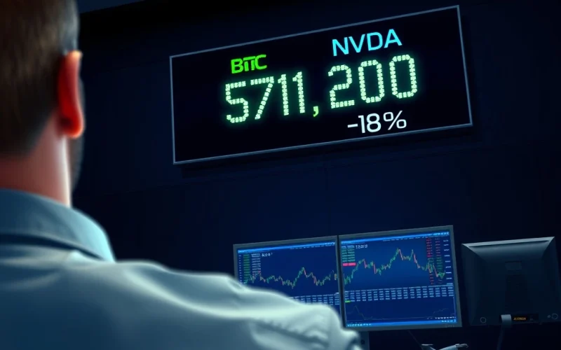 Digital ticker display showing Bitcoin price over $71,000 and NVIDIA stock surge on a trading floor.