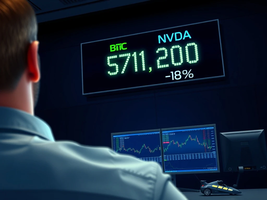 Digital ticker display showing Bitcoin price over $71,000 and NVIDIA stock surge on a trading floor.