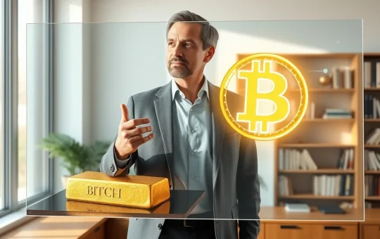 Macroeconomist analyzes Bitcoin versus gold investment potential through 2029 in financial office setting