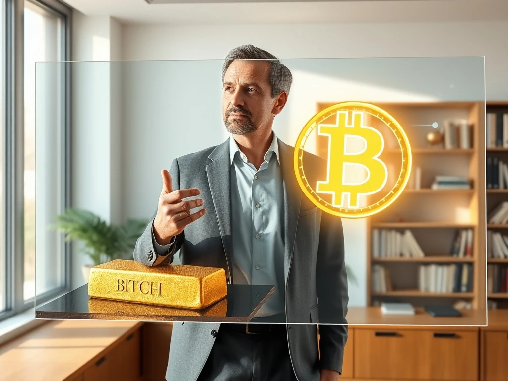 Macroeconomist analyzes Bitcoin versus gold investment potential through 2029 in financial office setting