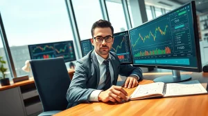 Financial analyst monitoring Bitcoin price charts and cryptocurrency market data during volatile trading period