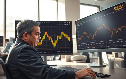 Analyst monitoring Bitcoin price chart showing Banana Split pattern as exchange reserves data hits record low.