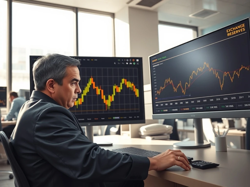 Analyst monitoring Bitcoin price chart showing Banana Split pattern as exchange reserves data hits record low.