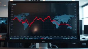 Analysis of Bitcoin price crash showing market volatility and geopolitical factors on trading chart.