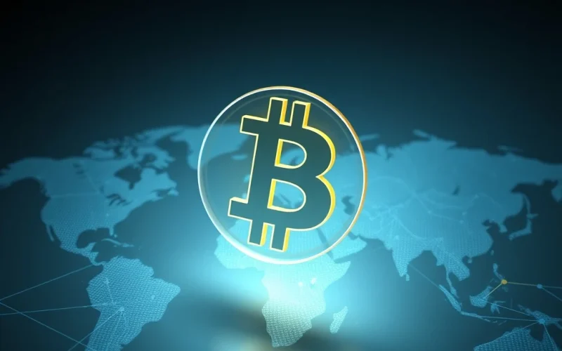 Bitcoin symbol over global financial network map showing adoption growth despite price decline