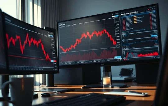 Bitcoin price chart showing a sharp decline on a financial trading desk monitor.