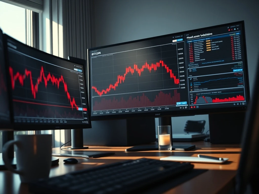 Bitcoin price chart showing a sharp decline on a financial trading desk monitor.