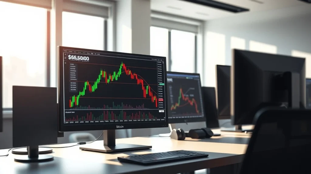 Bitcoin price chart analysis showing market volatility and trading signals below $66,000 level