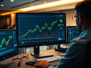 Analyst workstation showing Bitcoin price charts and market data trending upward.