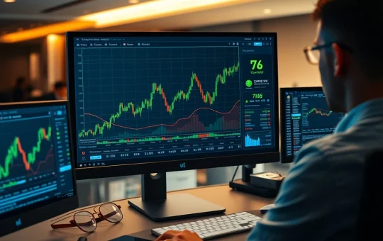 Analyst workstation showing Bitcoin price charts and market data trending upward.