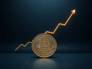 Bitcoin coin at the bottom of a chart channel with an emerging uptrend line, symbolizing the recent price rebound and potential future target.