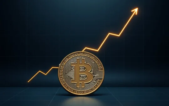 Bitcoin coin at the bottom of a chart channel with an emerging uptrend line, symbolizing the recent price rebound and potential future target.