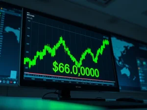 Bitcoin price chart surging to $68,000 on a trading terminal, representing market recovery from geopolitical events.