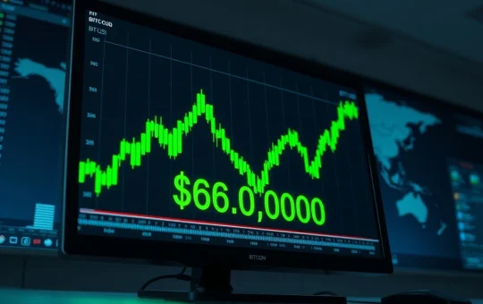 Bitcoin price chart surging to $68,000 on a trading terminal, representing market recovery from geopolitical events.