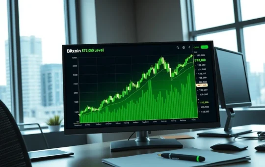Bitcoin price chart showing rally toward $72,000 on trading terminal screen in newsroom setting.
