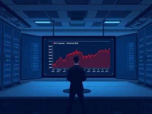 Bitcoin reserves hitting a record low shown on data center monitors analyzing cryptocurrency market uncertainty.