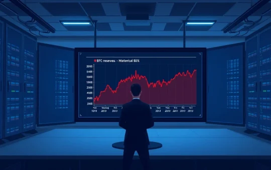 Bitcoin reserves hitting a record low shown on data center monitors analyzing cryptocurrency market uncertainty.