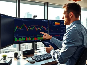 Bitcoin price analysis showing critical resistance and support levels on professional trading monitors