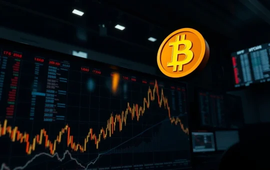 Bitcoin symbol over financial chart showing price resistance near $74,000.