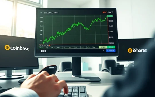 Bitcoin price chart rebound on trading desk screen with Coinbase and iShares IBIT logos, illustrating spot demand driving the market.