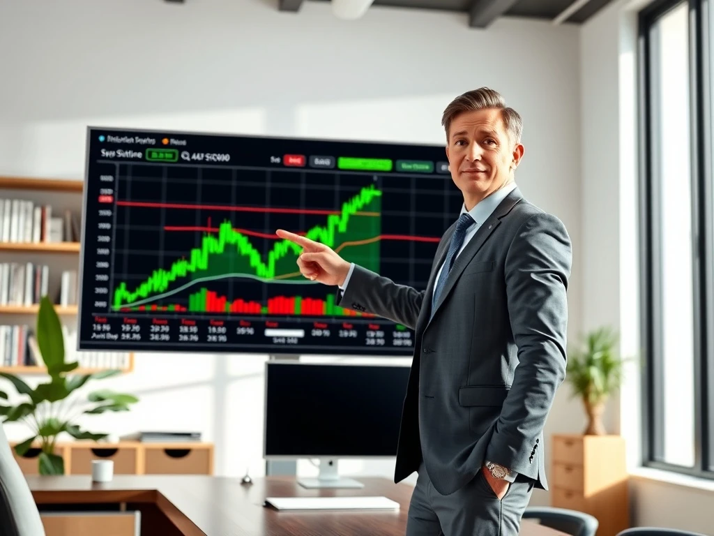 Financial analyst points to Bitcoin price chart showing key entry levels for potential 250% upside strategy.