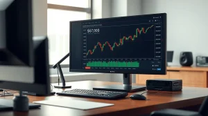 Bitcoin price chart analysis showing the critical $67,900 weekly open level on a trading desk monitor.