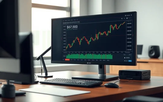 Bitcoin price chart analysis showing the critical $67,900 weekly open level on a trading desk monitor.
