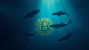 Bitcoin whales accumulating cryptocurrency during market volatility represented by whales circling Bitcoin symbol