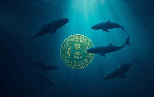 Bitcoin whales accumulating cryptocurrency during market volatility represented by whales circling Bitcoin symbol