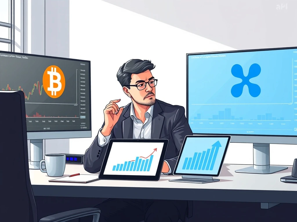 Financial analyst comparing Bitcoin and XRP price charts to CPI inflation data report