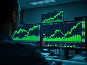 Financial dashboard showing cryptocurrency price charts surging upward during a market rally.