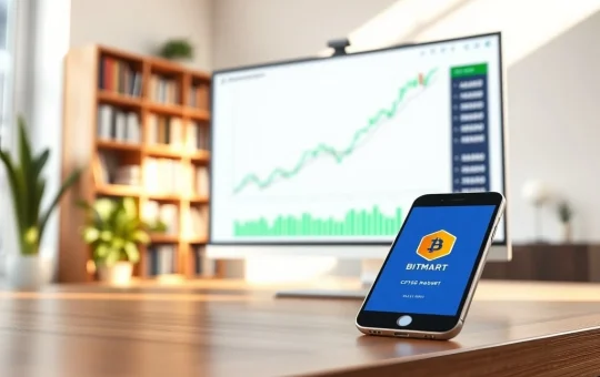 BitMart US zero-fee crypto exchange trading interface on a professional desk setup.