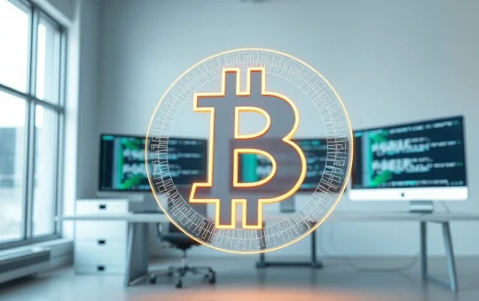 Bitcoin generational opportunity symbolized by a holographic Bitcoin logo amid developer activity.