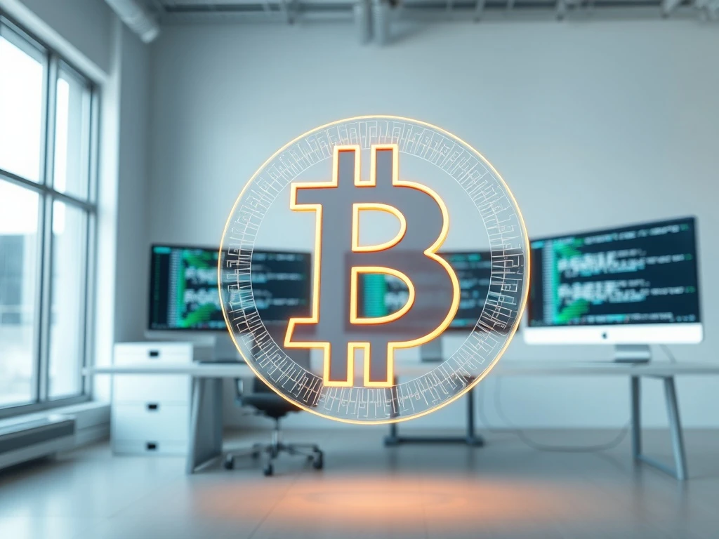 Bitcoin generational opportunity symbolized by a holographic Bitcoin logo amid developer activity.