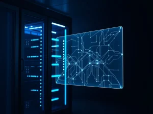 BlackRock Bitcoin assets secure data center with blockchain transaction visualization