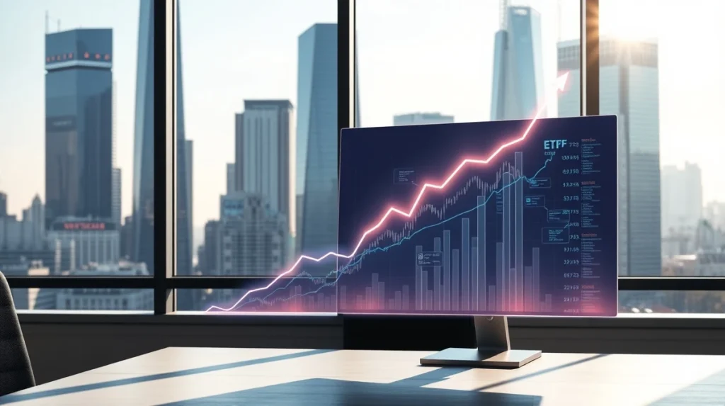 Financial district with blockchain elements representing BlackRock ETF growth and crypto regulation developments.
