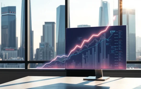 Financial district with blockchain elements representing BlackRock ETF growth and crypto regulation developments.