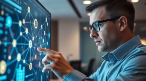 Professional investor analyzing the Blazpay DeFi token presale details on a digital interface.