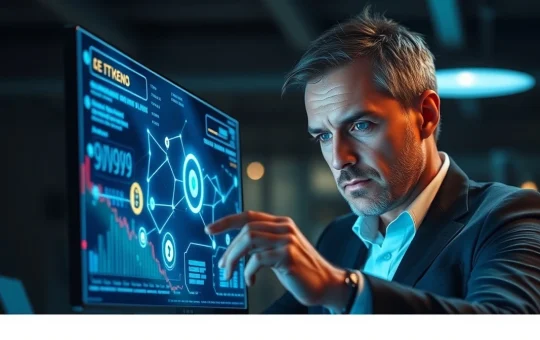 Analyst reviews Blazpay presale data and blockchain network visualization on a screen.