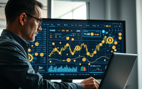 Analyst reviews Blazpay token presale data and AI DeFi platform metrics on a digital interface.